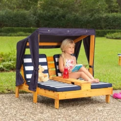 Double Chaise Lounge With Cup Holders - Honey & Navy