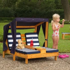 Double Chaise Lounge With Cup Holders - Honey & Navy