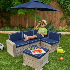Outdoor Sectional, Ottoman & Umbrella Set - Barnwood Gray & Navy