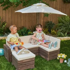 Outdoor Sectional Ottoman & Umbrella Set- Bear Brown & Beige