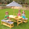 Outdoor Table & Bench Set With Cushions & Umbrella - Navy & White Stripes