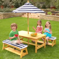Outdoor Table & Bench Set With Cushions & Umbrella - Navy & White Stripes