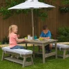 Outdoor Table & Bench Set With Cushions & Umbrella - Gray & White Stripes