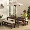 Outdoor Table & Bench Set With Cushions & Umbrella - Oatmeal & White Stripes