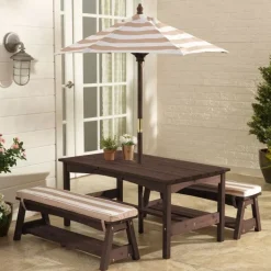 Outdoor Table & Bench Set With Cushions & Umbrella - Oatmeal & White Stripes
