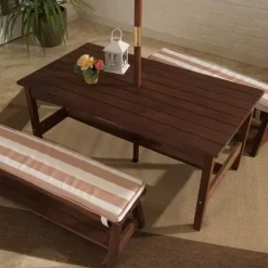 Outdoor Table & Bench Set With Cushions & Umbrella - Oatmeal & White Stripes