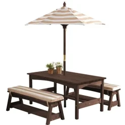 Outdoor Table & Bench Set With Cushions & Umbrella - Oatmeal & White Stripes
