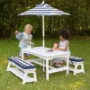 White Outdoor Table & Bench Set With Cushions & Umbrella – Navy & White Stripes