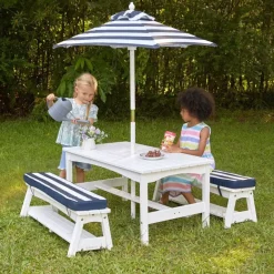 White Outdoor Table & Bench Set With Cushions & Umbrella – Navy & White Stripes