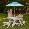 White Outdoor Table With Benches & Umbrella – Turquoise & White Stripes